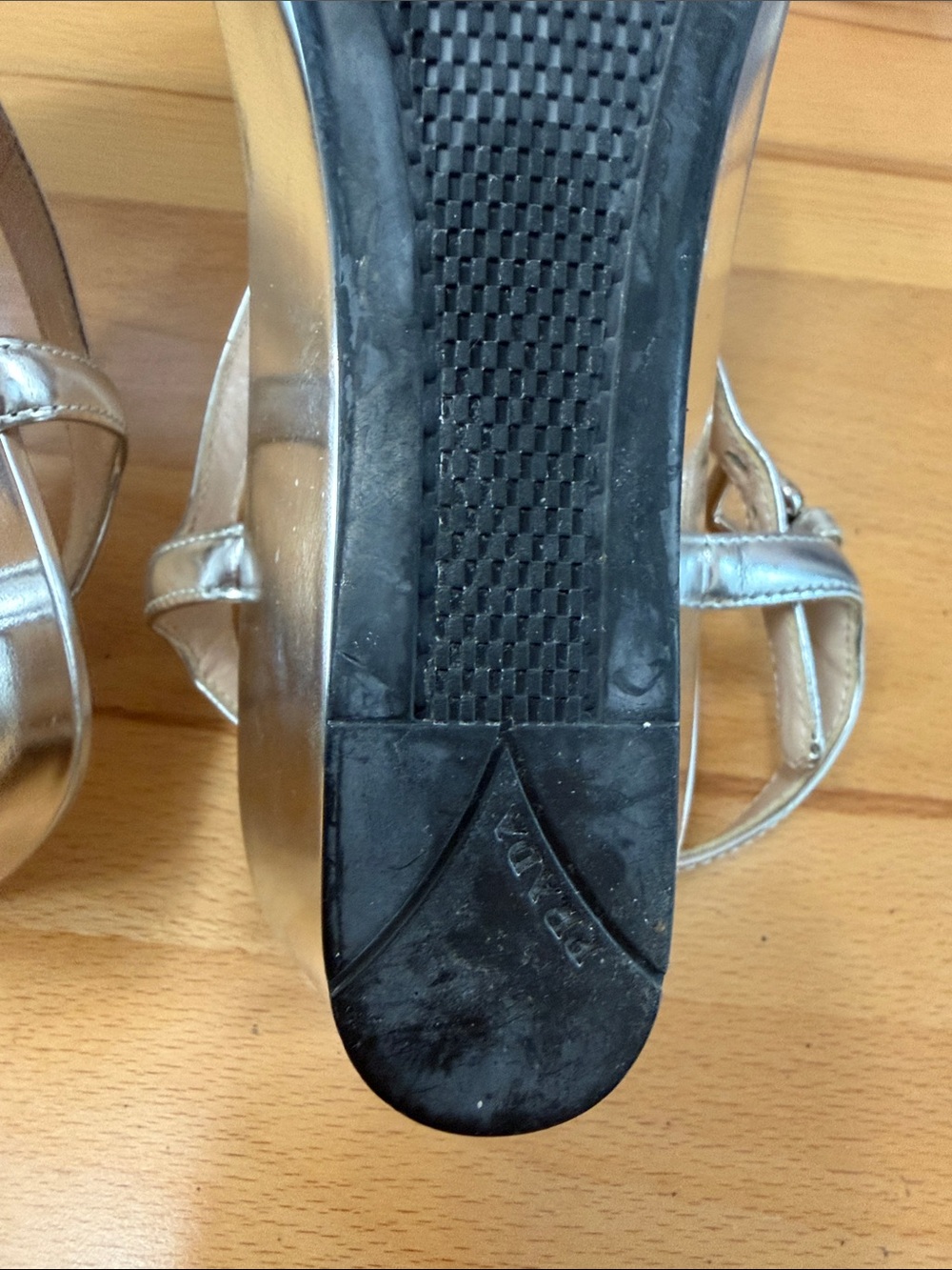 Prada Metallic Silver T-Strap Logo Sandals - Picture 11 of 15